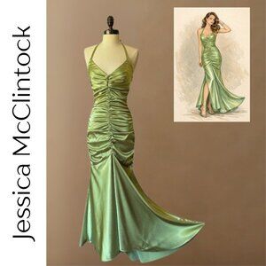Jessica McClintock Chartreuse Green Satin Halter Gown | Ruched Bias-Cut | Size 6
